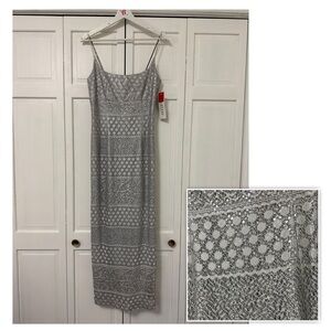 NWT Bari Jay Silver Metallic Vintage Prom Homecoming Maxi Dress Fitted Sleek 8